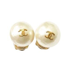 Chanel Classic Gold Plated CC Small Pearl Clip on Earrings
